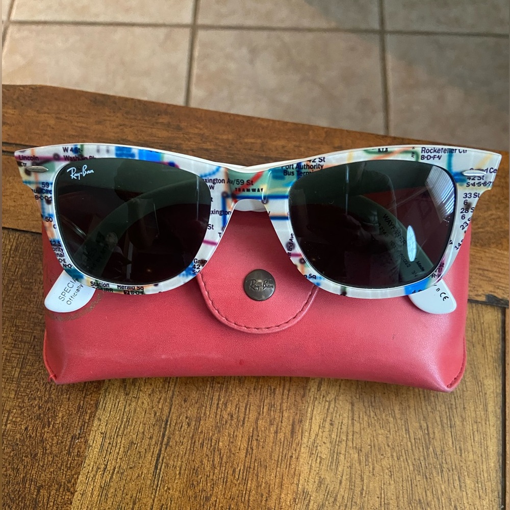 Ray-Ban Wayfarer Sunglasses with NYC Subway Map Design White Authentic Vintage